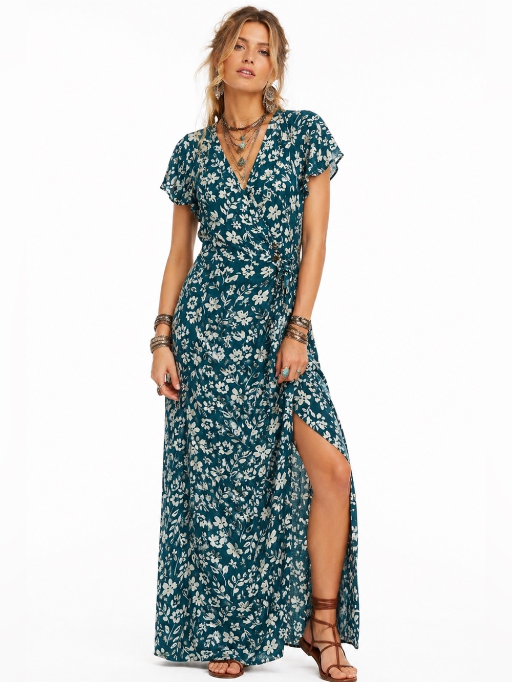 Sienna Sky Green Floral Faux Wrap Midi / Maxi Dress